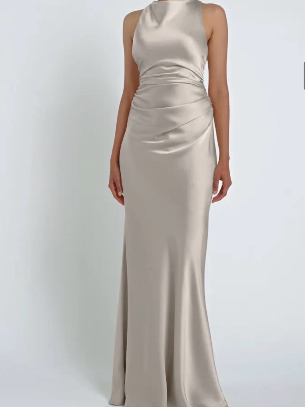 Jenny Yoo Satin High-Neck Platinum Evening Gown